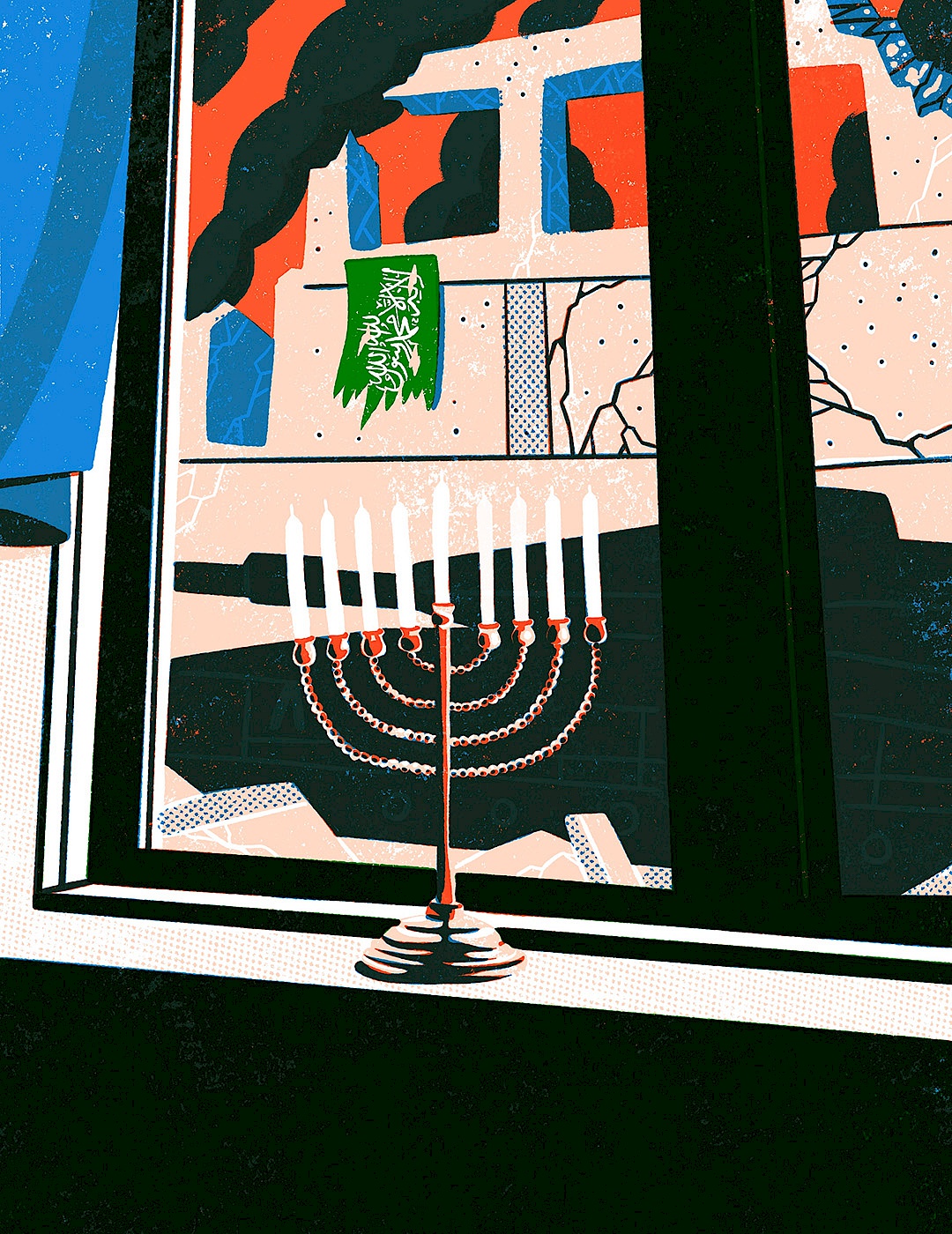A graphic representation of a candleholder (a menorah) in front of a window.
