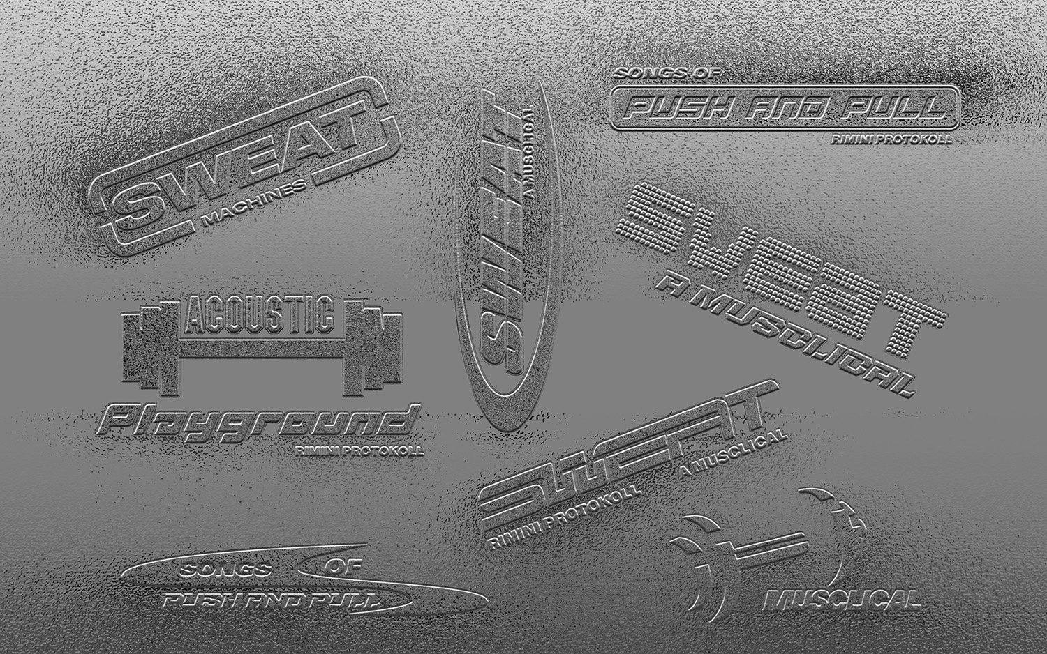Graues geprägte Grafik mit mehreren stilisierten Schriftzügen rund um die Produktion "SWEAT".