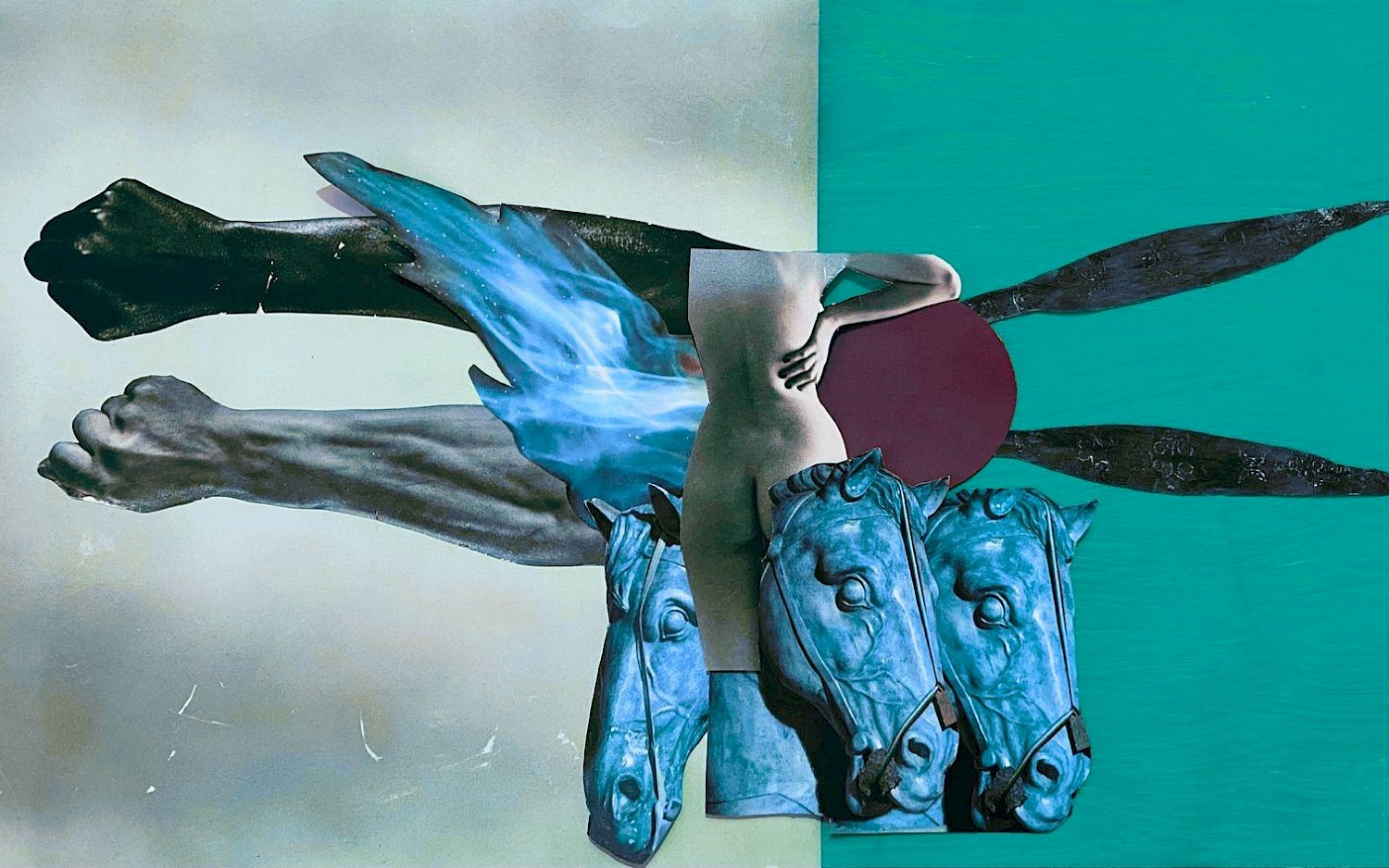 Eine Collage aus Pferdeköpfen, Körperteilen und abstrakten Formen