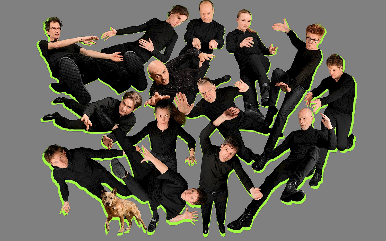 Sandra Schuck Collage der Mitglieder des ensemble mosaik: alle Personen sind grün umrandet vor grauem Hintergrund