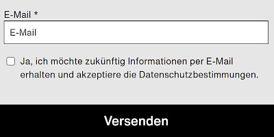 Newsletter-Anmeldung mit einem weißen Textfeld für die E-Mail-Adresse und einem Kästchen für die Bestätigung der Datenschutzbestimmungen.