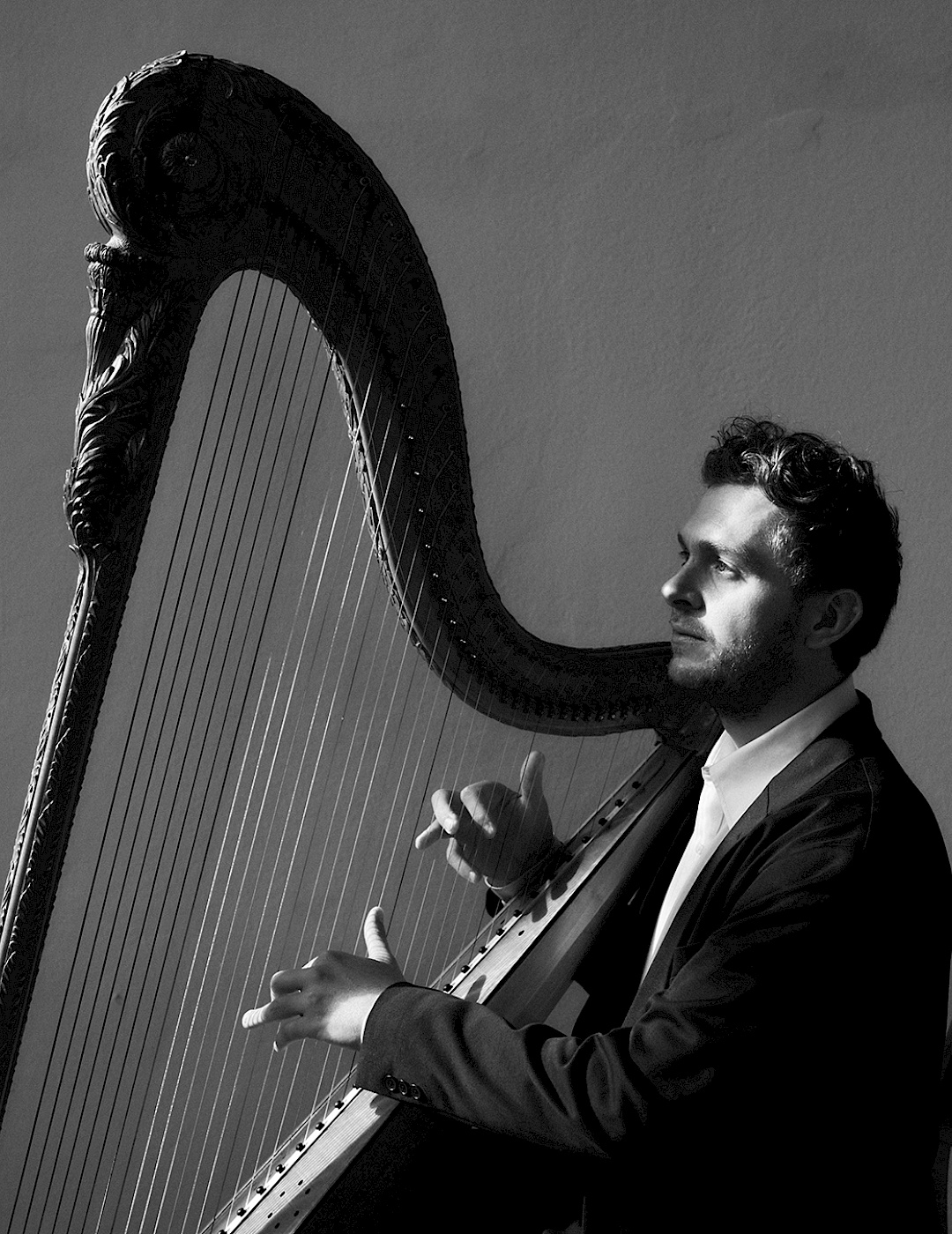 Maximilian Ehrhardt spielt Harfe.