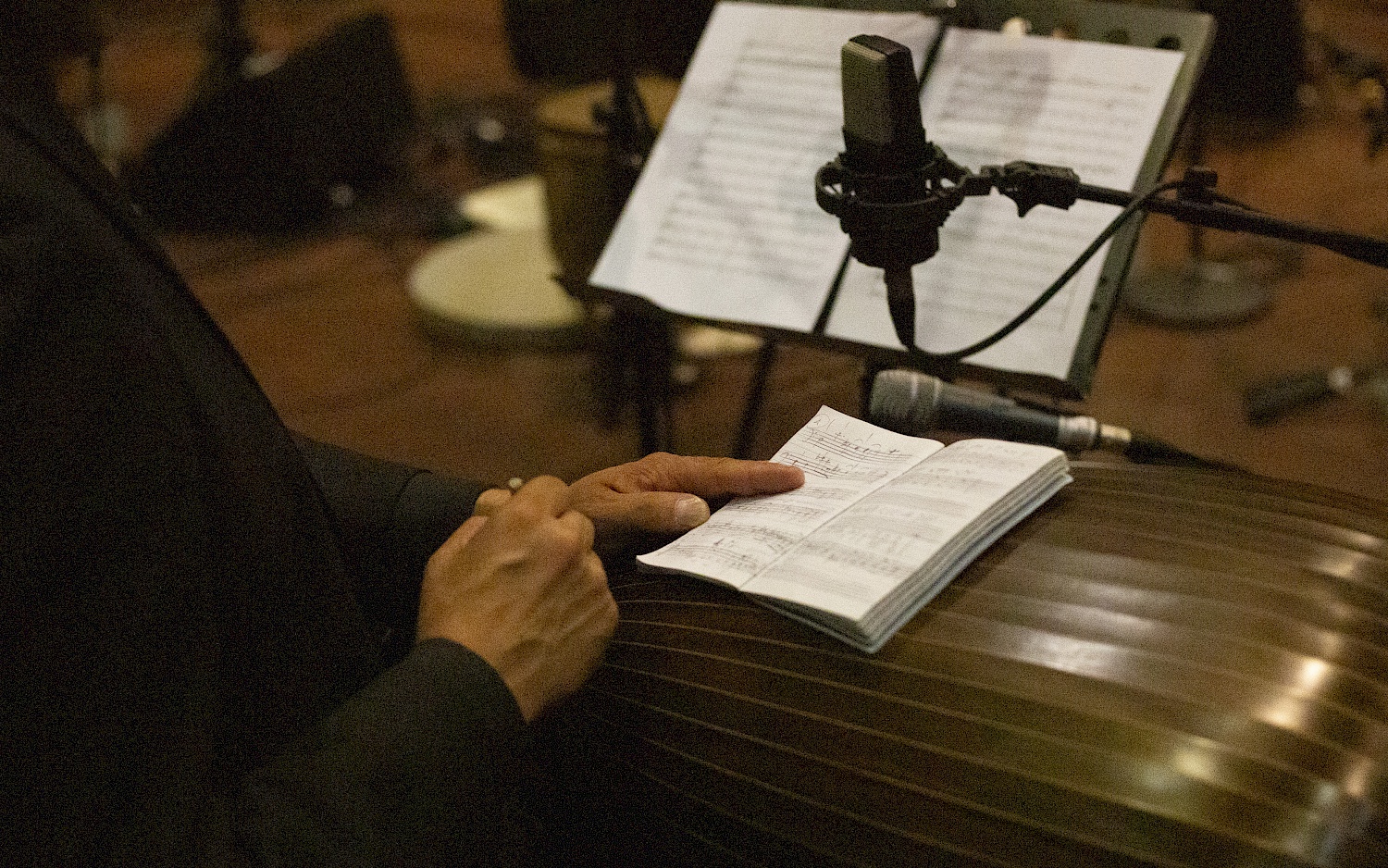 Picture taken over the shoulder of the theorbo player, looking at the notes.